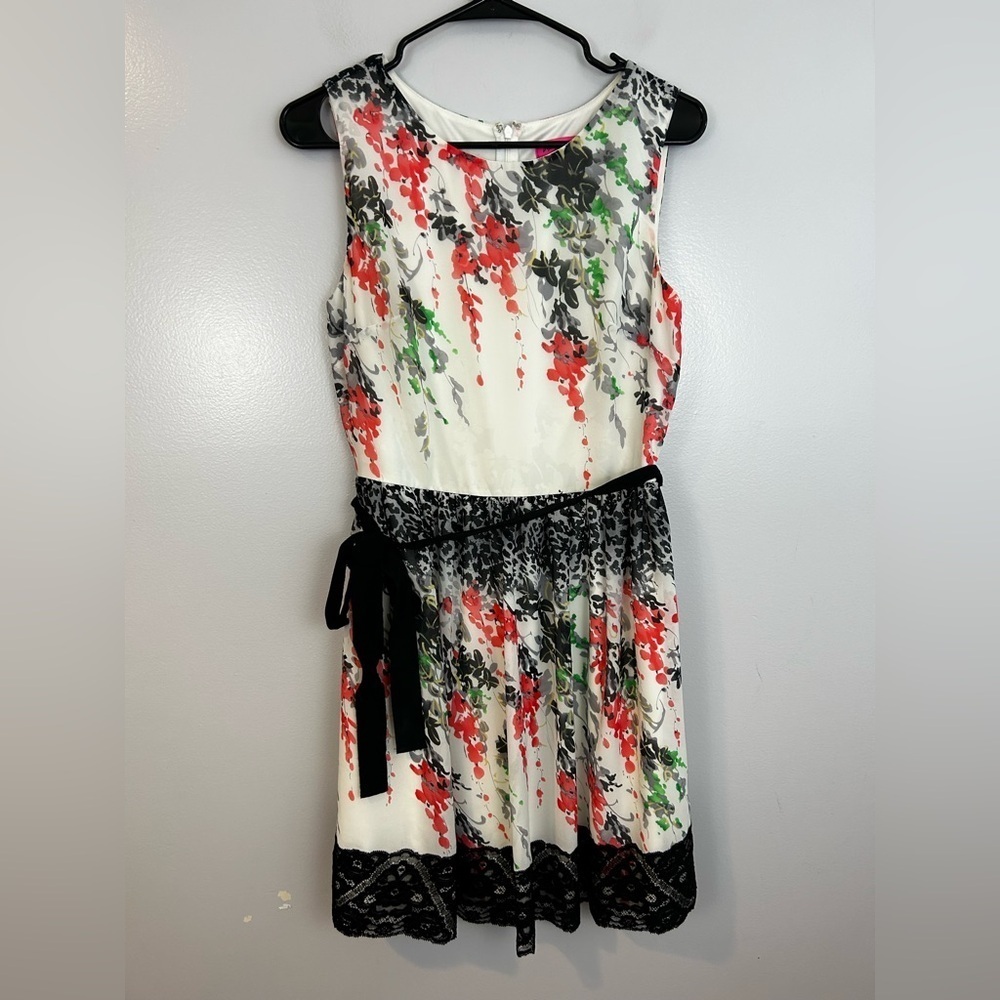 Betsey Johnson Belted Floral Sleeveless Lace Boho Fit & Flare Mini Dress Size 6